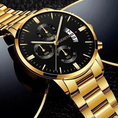 USA Free Shipping Shop Executive Men Business Watch With Calendar Quartz Movement & Stainless Steel Band gold