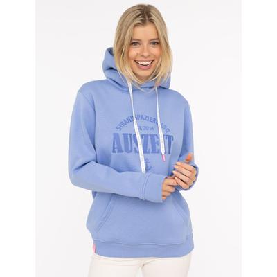 Hoodie ZWILLINGSHERZ "Auszeit", Damen, Gr. S/M, blau (mittelblau), angeraute Sweatware, Obermaterial: 50% Baumwolle, 50% Polyester, unifarben, Sweatshirts Hoodie, mit gestickter "Auszeit"-Botschaft, Kapuze mit Kordelzug,Tasche vorne