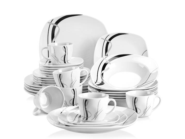 VEWEET 30/60 pièces ensemble de vaisselle en céramique porcelaine lignes noires avec assiettes à dessert/assiettes à soupe/assiettes à dîner/tasses/cuiseurs