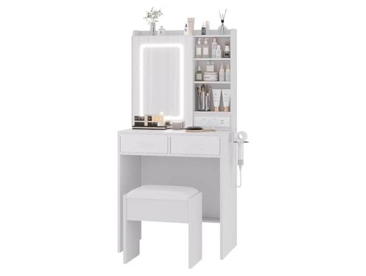 GarveeLife Schminktisch mit LED-Spiegel und Hocker, Licht 3 Modi verstellbar, Schminktisch mit 4 Regalen und 2 Schubladen, Schlafzimmermöbel