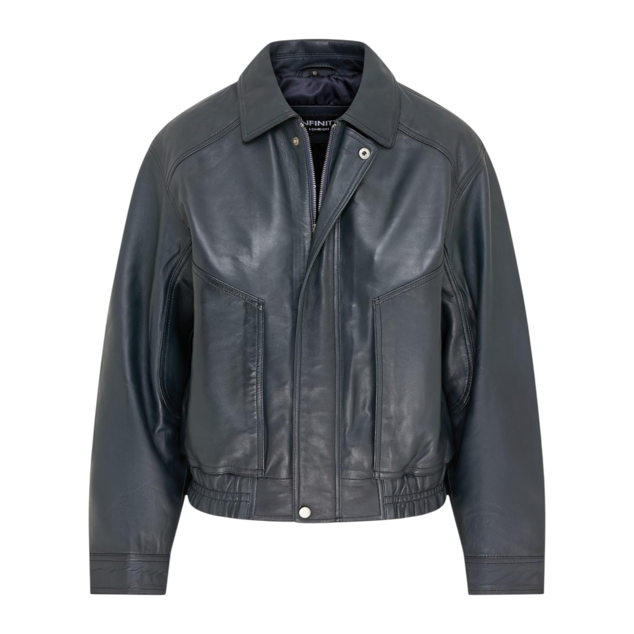 Damen-Marine-Leder-Biker-Bomber-Oversize-Jacke – Blouson