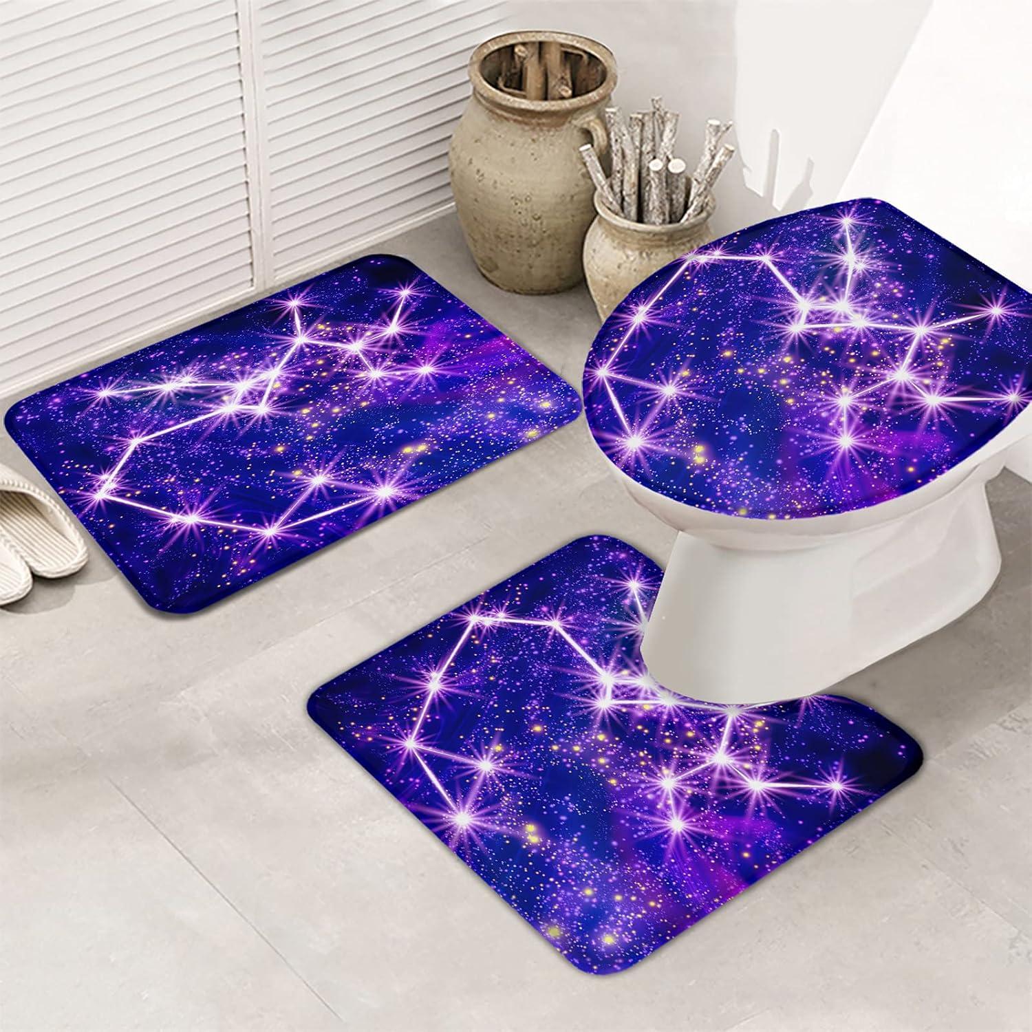 3 Teiliges Badteppich Set Lila Sternenhimmel Traumhafte Nacht Langlebige Contour Badteppich Dekorative Wc-Deckelbezug Badteppich