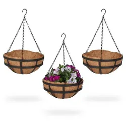 relaxdays 3er-Set Blumenampeln mit Kokoseinlage 31 cm