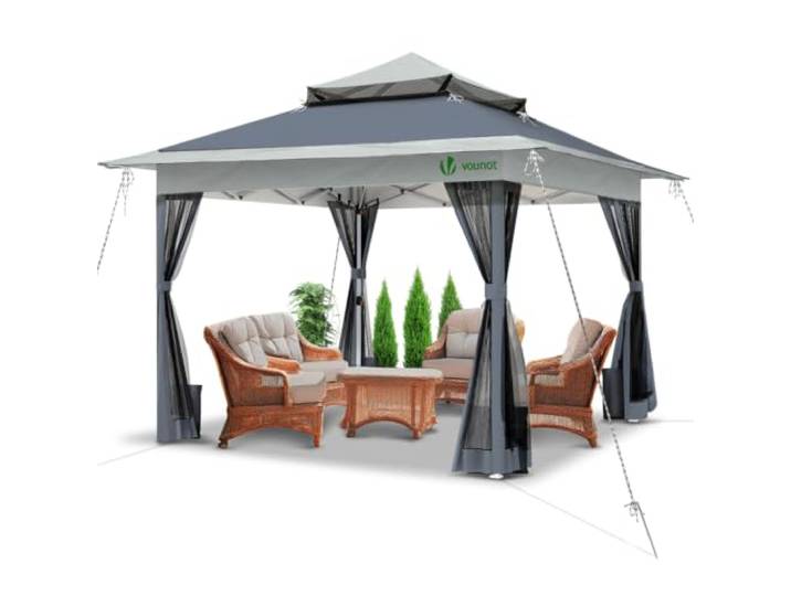 VOUNOT® Tonnelle de Jardin Extérieur 3.6x3.6m avec Moustiquaire Barnum Anti-UV Respirable Tente de Réception Cadre en Acier Toits Doubles Belvédère Jardin Terrasse Gris