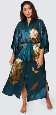 KIM + ONO Peony & Butterfly Plus Size Washable Silk Kimono Robe - Long   KIM+ONO - vintage teal / plus size