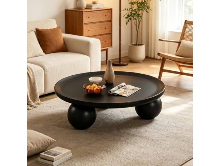 Luxuriöser runder Designer Couchtisch, stabiler minimalischer nordischer Couchtisch rund creme Premium-Qualität, formaldehydfrei, rutschfeste gebogene Platte, einfache Montage(Black)