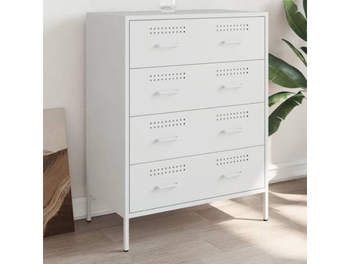 HEFZGDB Industrie-Stil Sideboard mit Stahlgestell in Weiß, stabiles Sideboard mit Wandhalterung gegen Umkippen, mit Vier Schubladen Stauraum, pflegeleichtes zur einfachen Reinigung, Maße