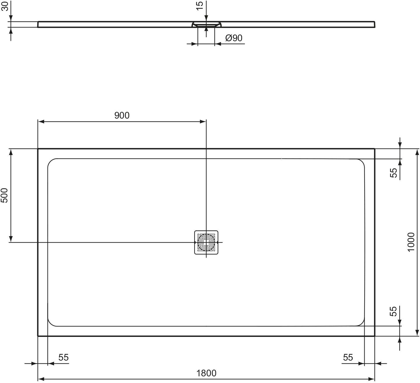 Ideal Standard Flat S + Rechteck-Brausewanne 180 x 100 cm, Ablaufposition: zentriert, Duschwannen, T5619FR, carraraweiß