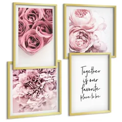 BILDER SET 4er Set - 50x50 cm & 40x60 cm Goldrahmen - Blumensträuße mit Rosen, Hausinschrift