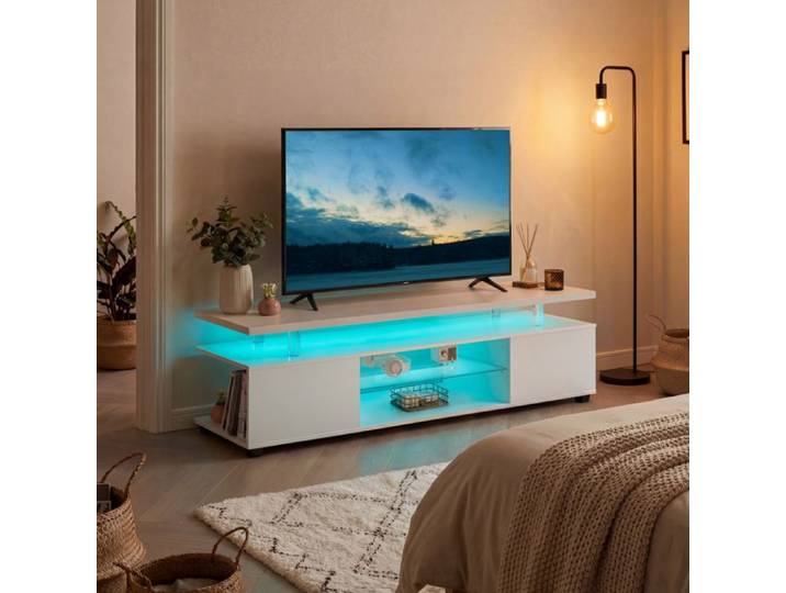 Meuble TV 130 cm – Blanc – 60  – 3 Rangements Cachés – Étagère