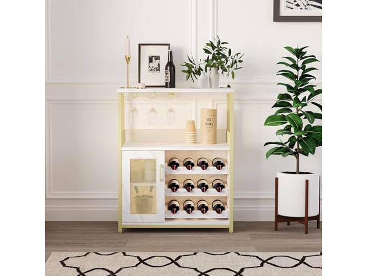 GarveeHome Weinschrank mit LED-Beleuchtung, Barschrank Industrial 70x35x92 cm, Weinregal verstellbar mit Glashalter für Küche, Esszimmer, Wohnzimmer, Kaffeebar Möbel - C
