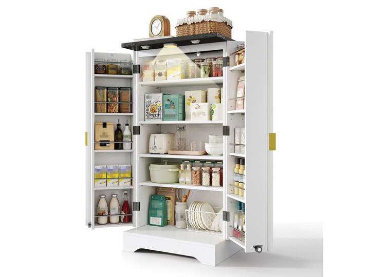 Armoire de Cuisine avec Capteur LED et Étagère à Épices Armoire Spacieuse à Double Porte avec Étagères