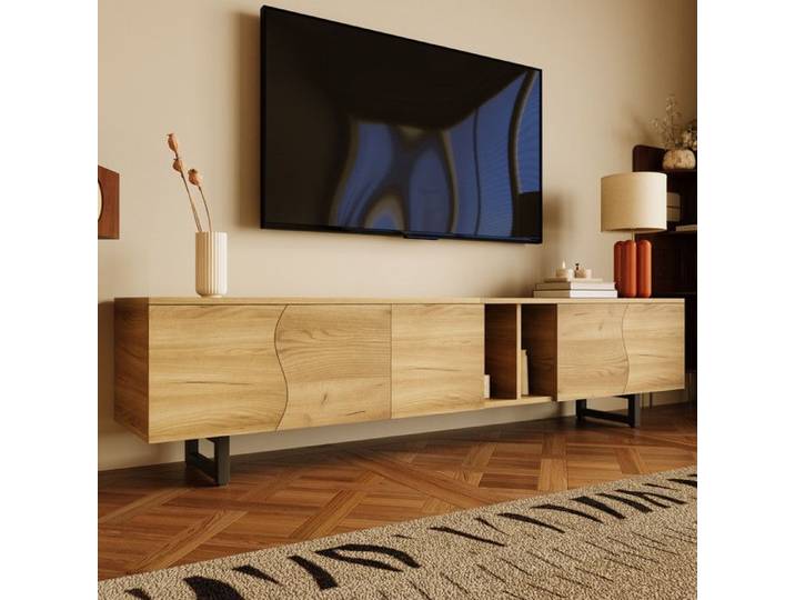 Meuble TV cinq portes meuble de rangement + étagères ouvertes meuble bas à portes incurvées unique meuble TV moderne，Couleur bois