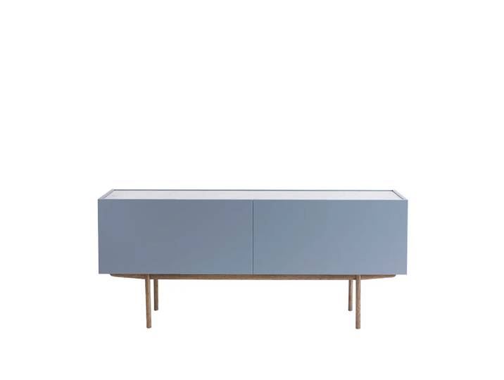Asplund Luc Deluxe 160 table d appoint nordic blue, dessus en carrara, pieds p6, tiroirs'