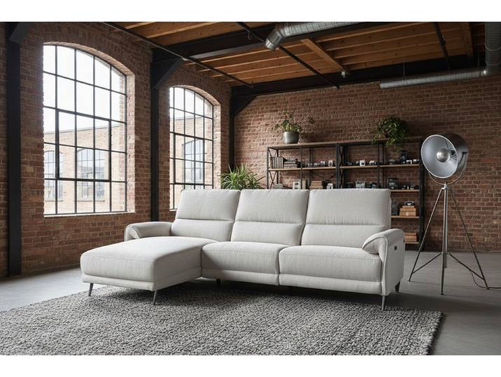 KAWOLA Ecksofa ADRIANA mit Longchair – Entspannung pur – Relaxsofa, Elektrische Liegefunktion, Flachgewebe hellgrau, Wohnzimmercouch