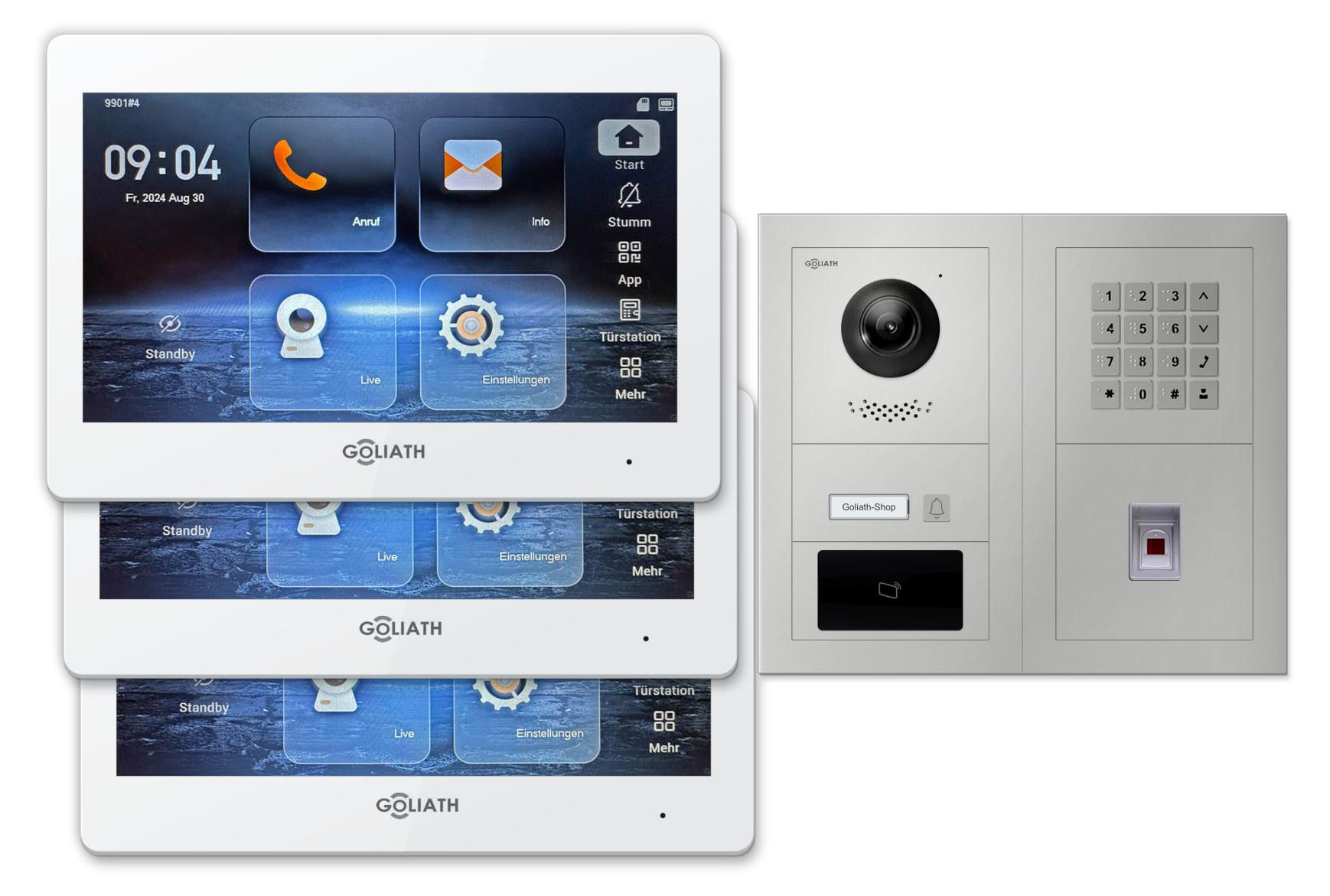 Goliath Premium IP GL-IPH199.17 Video-Türsprechanlage, 1 Familie, 3× 7 Zoll Weiß, Silber, Aufputz, Fingerprint/RFID/Zahlencode