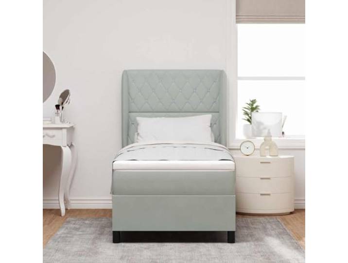 KTHLBRH Boxspringbett mit Matratze hellgrau 200 x 100 cm Samt Verstellbares Kopfteil, Rahmen aus Kiefernholz, mittlere Festigkeit, einfache Montage