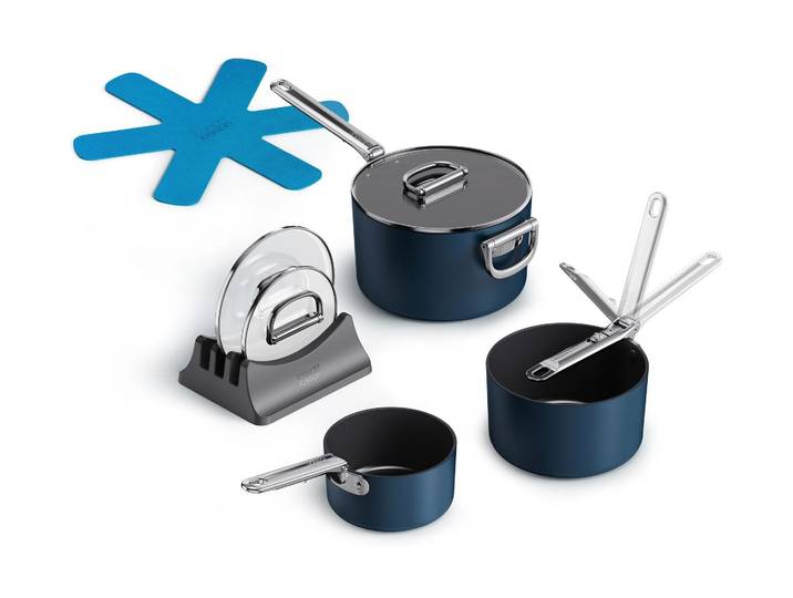 Topf-Set JOSEPH JOSEPH Space 3-teilig , blau (blau,silberfarben), H:20cm, Töpfe, Topf-Set