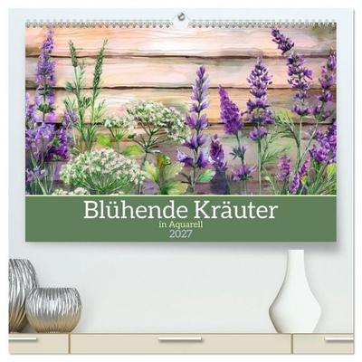 Blühende Kräuter in Aquarell (hochwertiger Premium Wandkalender 2027 DIN A2 quer), Kunstdruck in Hochglanz