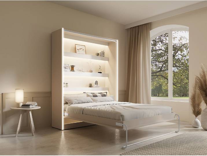 Schrankbett 140 x 200 cm - Manuelle vertikale Öffnung - LED-Beleuchtung - Beige + Matratze - RAPILI