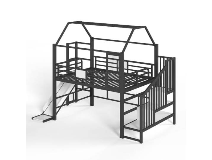 Metall Hochbett Hausform mit Rutsche LED Stauraum 140x200 cm Schwarz Metall, pulverbeschichtet, 90 x 200 cm, LED-Beleuchtung mit Bluetooth, Rutsche, Stauraum, EN 747, 150 kg Tragfähigkeit
