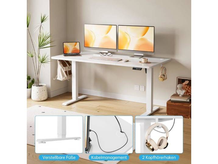 Bureau Assis Debout Électrique Bureau Réglable en Hauteur avec Crochet et Fonction Mémoire Plateau MDF 140x60cm Blanc