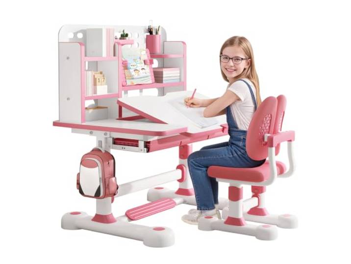 Fiauli Kinderschreibtisch-Stuhl-Set, höhenverstellbar mit Schublade Langlebige MDF-Platte und Metallrahmen, ergonomisches Design für Kinder, ideal für das Home-Schooling Rosa 5