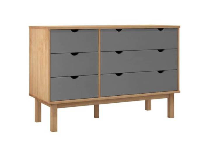 Schubladenkommode OTTA, braun-grau, 111x43x73,5 cm, Massivholz Kiefer massiv, 6 Schubladen, Dekorplatte, stabiler Rahmen, Montage auf der Wunsch, Anleitung inkl