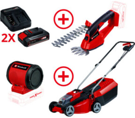 Einhell Akku-Rasenmäher + Akku-Gras- und Strauchschere + 2x 2,5 Ah Starter-Kit + Akku-Lautsprecher (4326424)