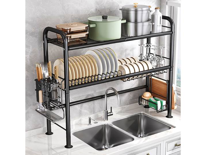 Égouttoir à vaisselle à 2 niveaux pour évier, grand égouttoir à vaisselle en métal avec porte-ustensiles, organisateur gain de place pour la cuisine