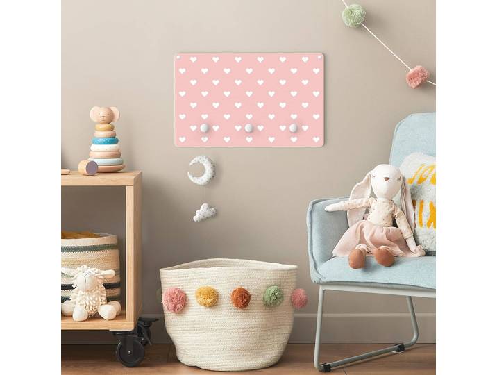 Kindergarderobe Weiße Herzen 40 x 25 x 1cm Pink/Rosa