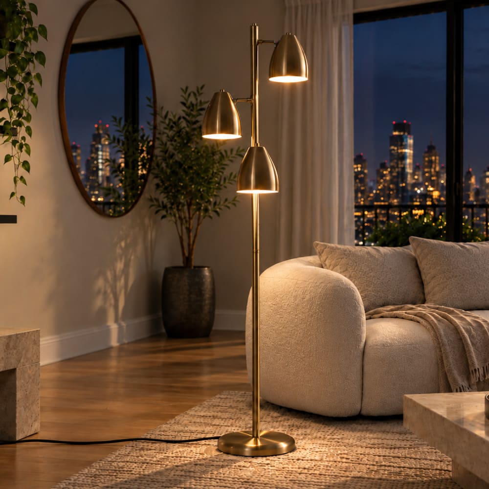 Concept Usine Lampadaire 3 spots orientables en métal effet laiton doré Doré 30x147x30cm