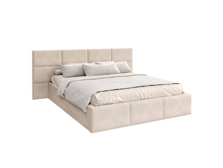 FDM Polsterbett 140x200 cm mit Lattenrost Bettkasten Wandpaneele Stauraum Denver Trinity beige modern
