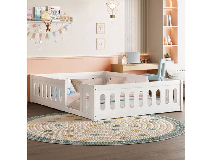 ELVORIN Lit plateforme enfant 140 x 200 cm barrière semi-fermée en bois et MDF blanc sans matelas