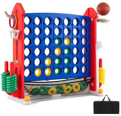 Costway 4-in-1 Height Adjustable Row Connect Game with Mesh Net and Carrying Bag-Red