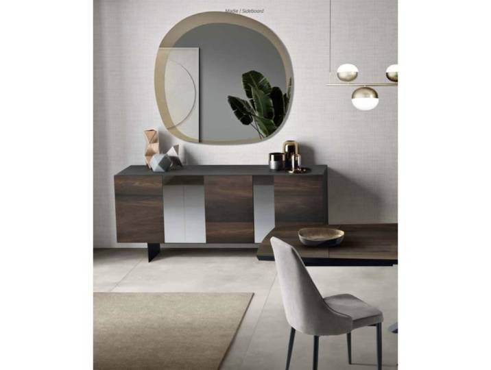 Buffet bas - ROMEO - 3 portes - Chêne Thermal - Inserts miroir