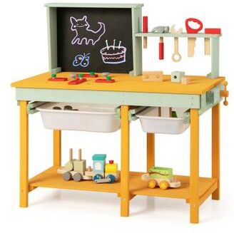 Costway Kids Wooden Toy Workbench with Storage Space and Blackboard