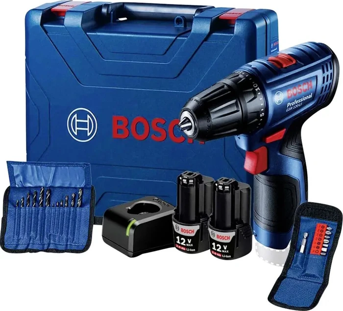 BOSCH Professional Akku-Bohrschrauber GSR 120-LI, Set mit 23 Bits und Bohrern, Koffer 0.601.9G8.002