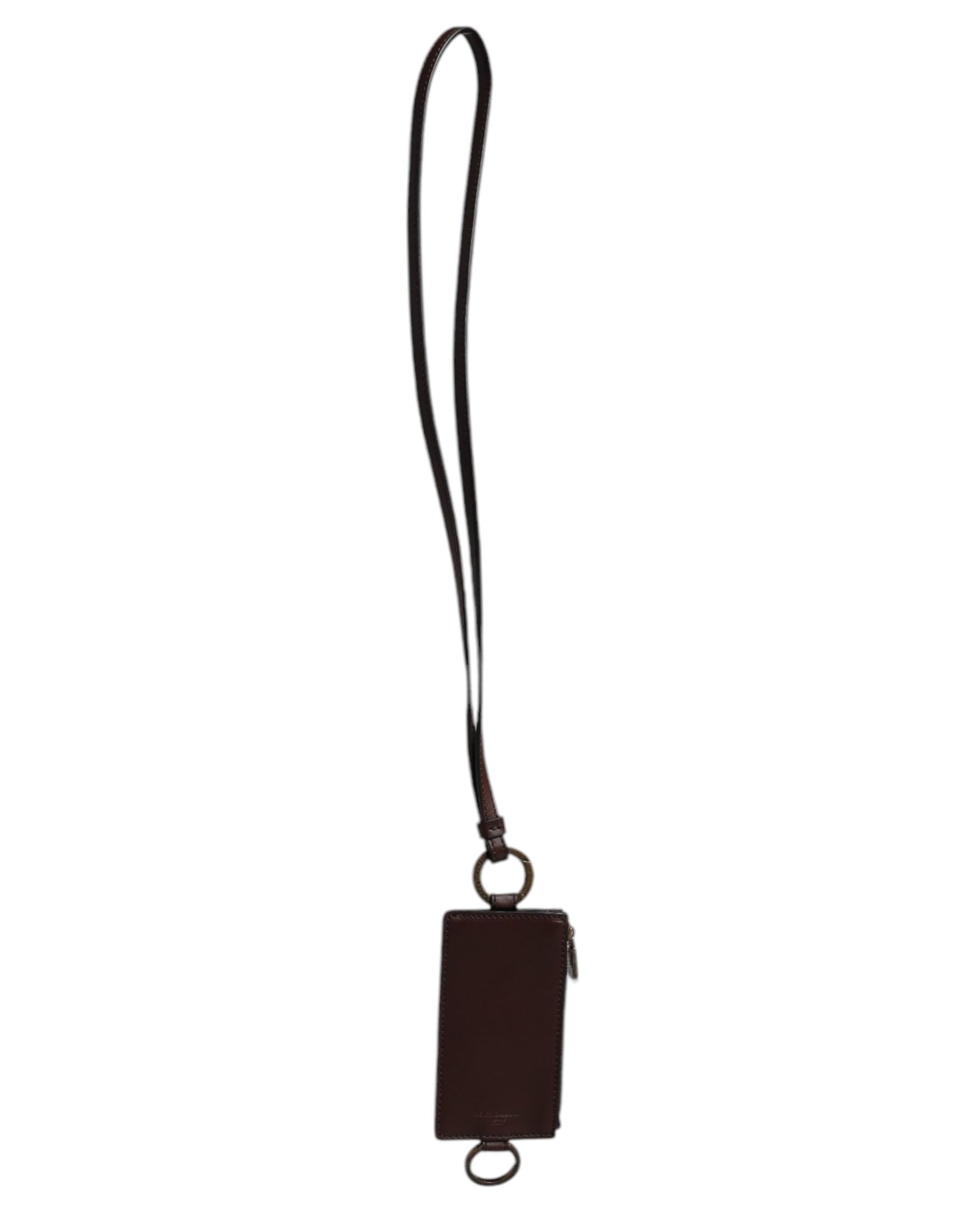 Bruine Kalfslederen Lanyard Logo Kaart Houder Portemonnee