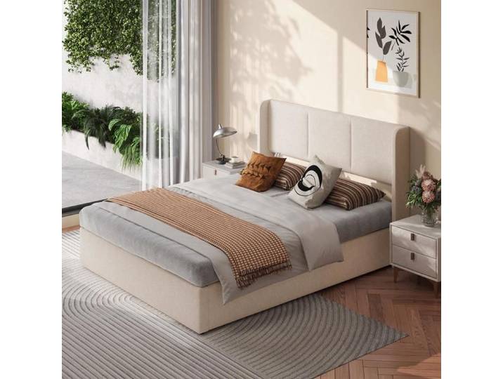 Lit 140x190cm - Lit coffre 140x190cm - rembourré tissu lin avec coffre hydraulique tête de lit moderne 2 places - Beige