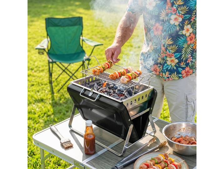 Outsunny Barbecue Charbon Acier Pliable Camping 40x28x25,5cm Noir