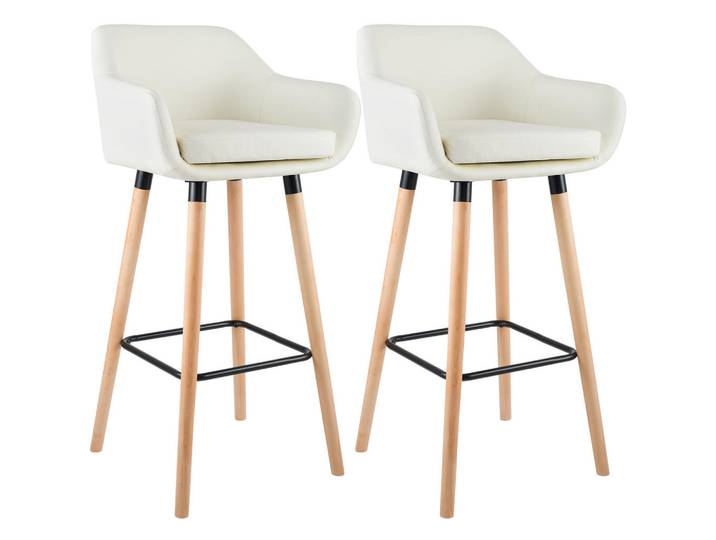 CLP Barhocker 2er Set Lederlook Creme, Holz, 55x99x46 cm, Esszimmer, Barmöbel, Barhocker