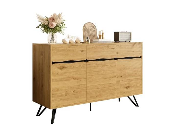 SOFTWEARY Sideboard, Mehrzweckschrank, Küchenschrank, Aufbewahrungsschrank, Wohnzimmerschrank (Holzfarbe, mit 3 Türen)