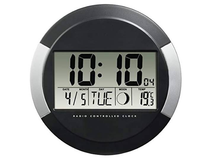 Hama 00186383 Digitale wandklok met temperatuurweergave, PP-245 (DCF radioklok met datum, thermometer, maanfasen, om neer te zetten of op te hangen, diameter 17 cm, rond) digitale klok, badklok zilver/zwart