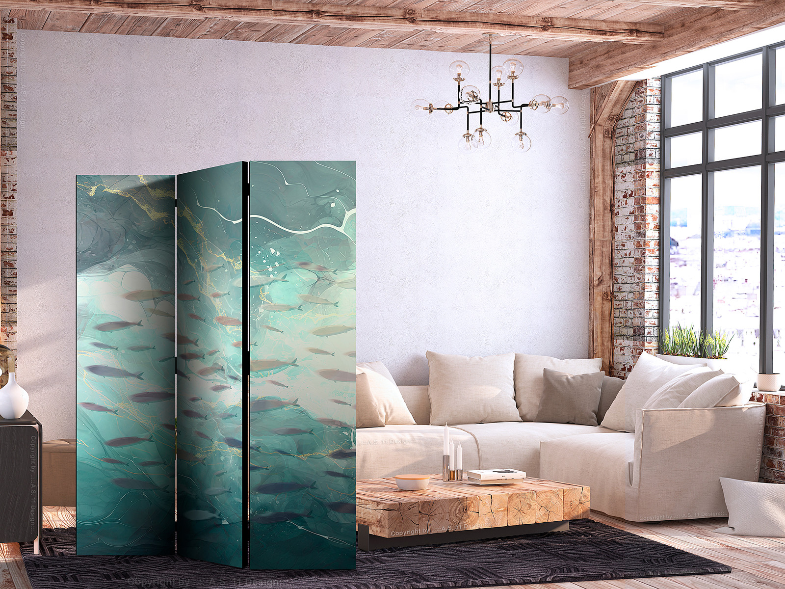 home24 Paravent Escaping Fish 2-zijdig turquoise B: 135 cm, H: 172 cm