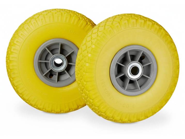 8 roues pour diable\, pneus en caoutchouc plein anti-crevaison\, 3\,00-4 pouces\, axe de 20 mm\, charge max. 80 kg\, 260 x 85 mm\, roue de secours\, jaune-gris