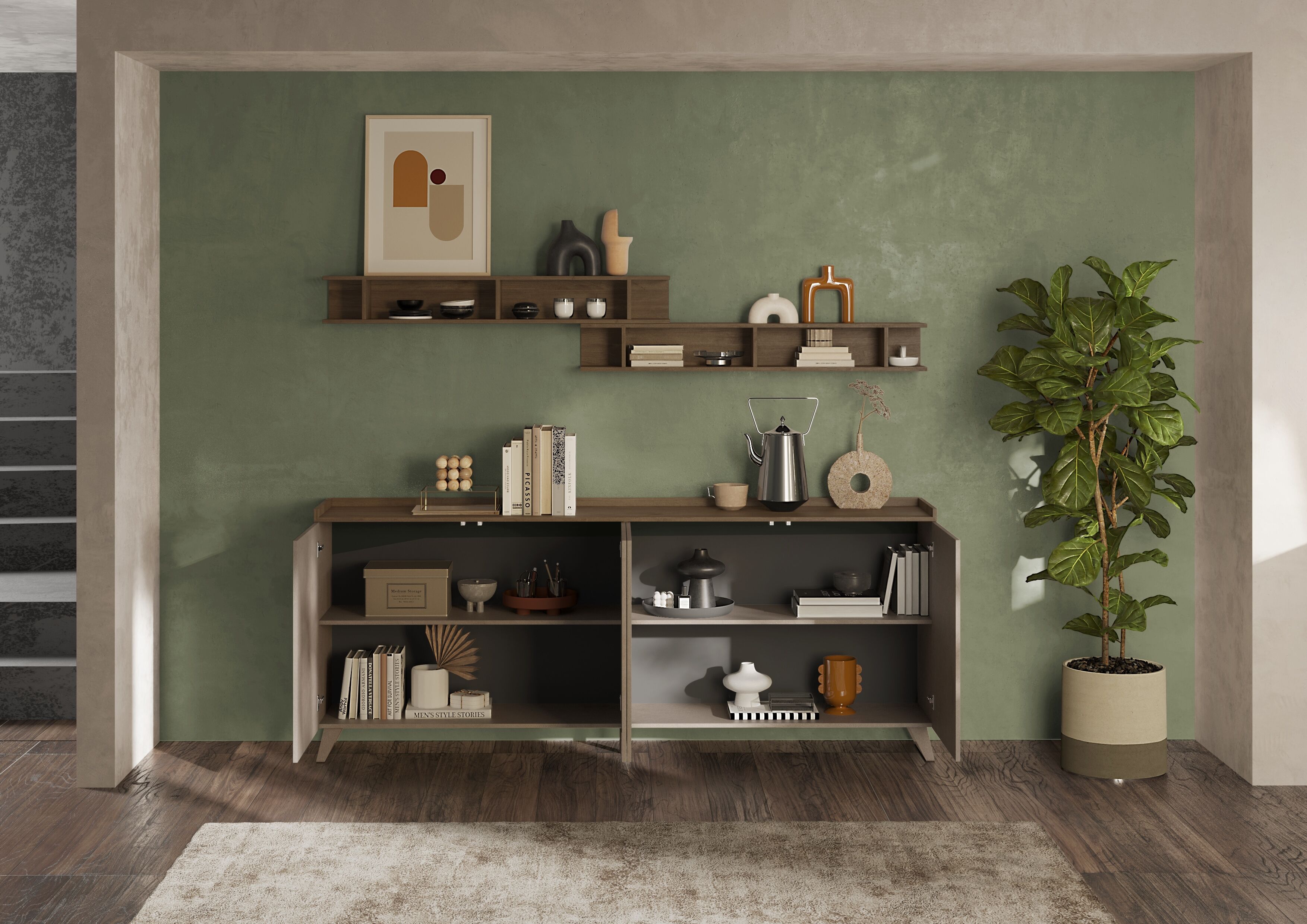 Sideboard HOME AFFAIRE "Tray, Breite 241, Kommode mit 4 Türen", braun (bronzo, mercure nb holzstruktur), B:241cm H:99cm T:42cm, Sideboards, Sideboard, "Tablet", Push-to-open Funktion bronzo, mercure nb holzstruktur B/H/T: 241cm x 99cm x 42cm, 4 Stk.