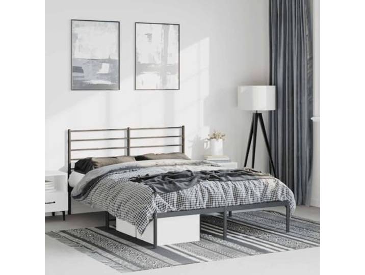 RJPLMFV Bettgestell, Metall, Schwarz, 150 x 200 cm, mit Kopfteil Pulverbeschichteter Stahl, inklusive Latten, Mittelbeine, Stauraum unter dem Bett