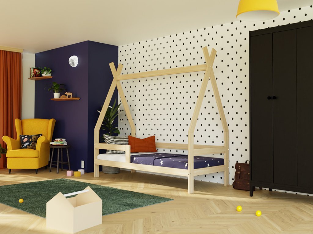 Kinderholzbett SAFE 5-in-1 in Tipi-Form mit Barriere 90x180 cm Marineblau, Mit zwei Barrieren