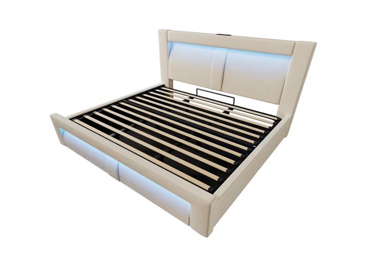 Oxeza Polsterbett 180/200 cm Beige mit Stauraum, LED-Beleuchtung, USB und Type-C-Ladeanschlüsse, Mode, Rechteckig, 180x200 cm, Schlafzimmer, Betten, Polsterbetten